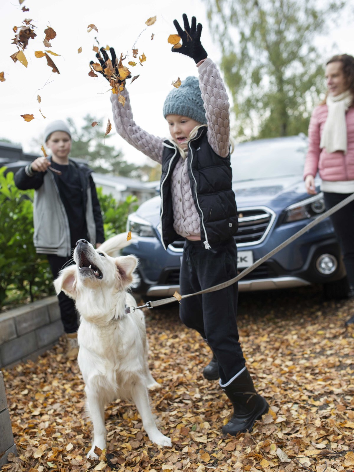 Subaru Outback med familj och hund
